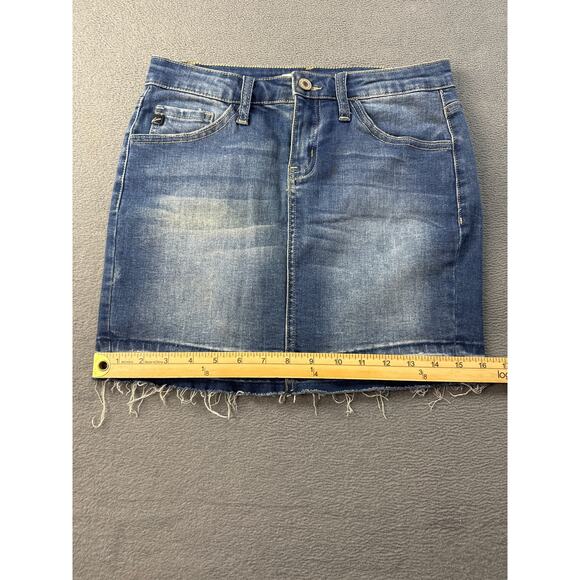 KANCAN Y2K‎ Distressed Frayed Raw Hem Denim Mini Jean Skirt Pockets Stretch 1/24 - Picture 6 of 8